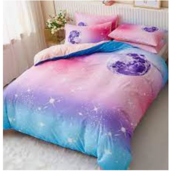 Queen Size 3 Piece Duvet Set Ombre Twinkle Starry Galaxy Pink Purple Turquoise - Picture 1 of 4